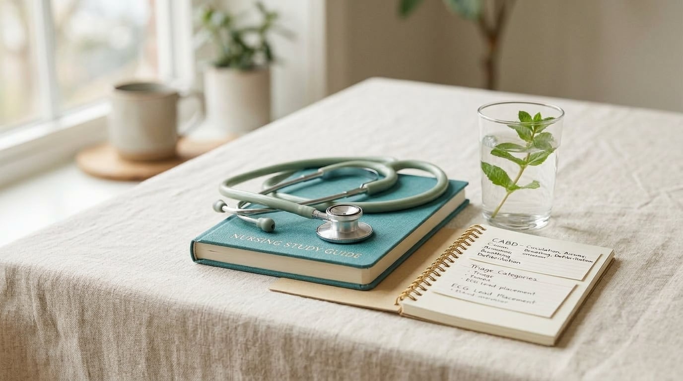 Nursing study guide, stethoscope, and recall notes on linen