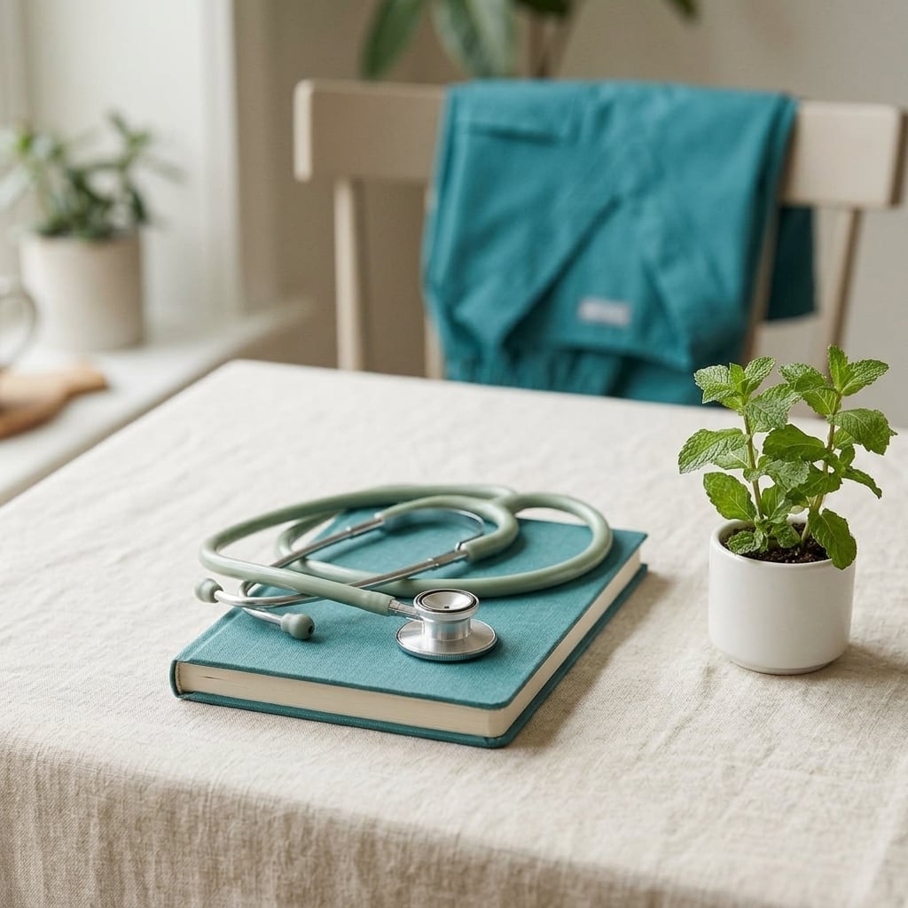 Study desk with a nursing guide, stethoscope, and teal scrubs