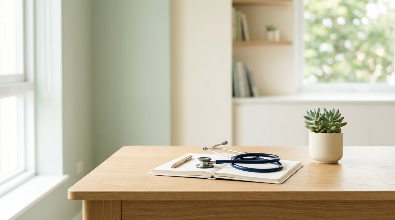 Calm clinic desk with a stethoscope, notebook, and plant
